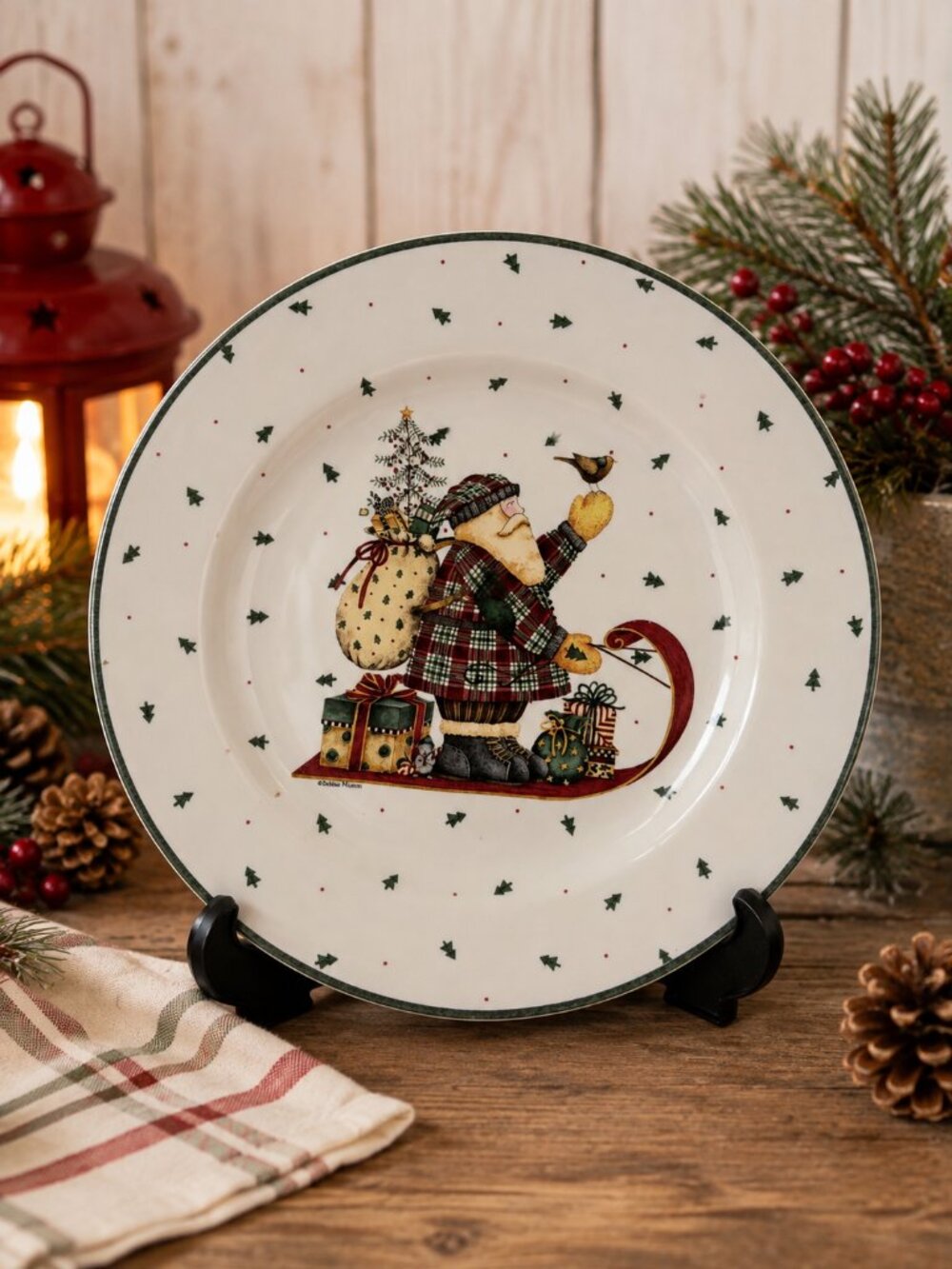Vintage Debbie Mumm Sledding Characters Christmas Plate 8.25" Santa Cottagecore
